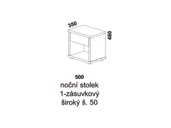 Noční stolek Line jednozásuvkový, široký - rozměrový nákres. Provedení LTD. Český výrobek. Zaoblené rádiusové hrany. Kvalitní zpracování.