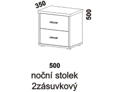 Noční stolek Line dvouzásuvkový – rozměrový nákres. Provedení LTD. Český výrobek. Zaoblené rádiusové hrany. Kvalitní zpracování.