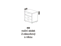 Noční stolek Line dvouzásuvkový, s nikou - rozměrový nákres. Provedení LTD. Český výrobek. Zaoblené rádiusové hrany. Kvalitní zpracování.