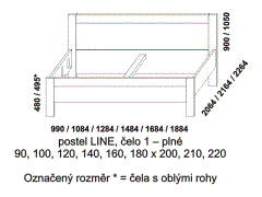 Postel Line - rozměrový nákres. Plné čelo. Provedení LTD. Široká nabídka barevných odstínů. Rovné nebo zaoblené rohy čel postele. Vysoká kvalita.