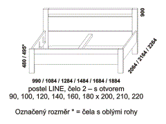 Postel Line - rozměrový nákres. Čelo s otvorem. Provedení LTD. Široká nabídka barevných odstínů. Rovné nebo zaoblené rohy čel postele. Vysoká kvalita.