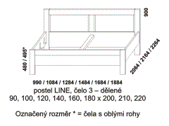 Postel Line - rozměrový nákres. Čelo dělené. Provedení LTD. Široká nabídka barevných odstínů. Rovné nebo zaoblené rohy čel postele. Vysoká kvalita.