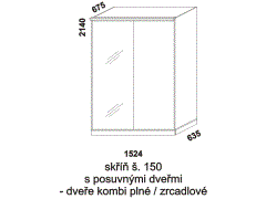 Skříň Line s posuvnými dveřmi - rozměrový nákres. Šíře 150 cm. Vhodná do ložnice. Plné a zrcadlové dveře. Provedení: LTD. Více barevných dezénů.