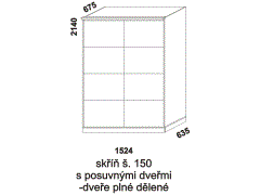 Skříň Line s posuvnými dveřmi - rozměrový nákres. Šíře 150 cm. Vhodná do ložnice. Dveře dělené plné. Provedení: LTD. Více barevných dezénů. Česká výroba.