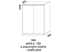 Skříň Line s posuvnými dveřmi - rozměrový nákres. Šíře 150 cm. Vhodná do ložnice. Dveře plné. Provedení: LTD. Více barevných dezénů. Česká výroba.