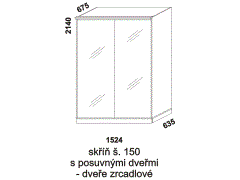 Skříň Line s posuvnými dveřmi - rozměrový nákres. Šíře 150 cm. Vhodná do ložnice. Zrcadlové dveře. Provedení: LTD. Více barevných dezénů. Česká výroba.