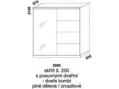 Skříň Line s posuvnými dveřmi - rozměrový nákres. Šíře 200 cm. Vhodná do ložnice. Plné dělené a zrcadlové dveře. Provedení: LTD. Více barevných dezénů.