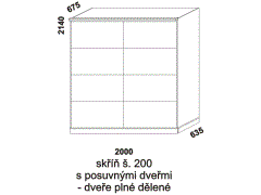 Skříň Line s posuvnými dveřmi - rozměrový nákres. Šíře 200 cm. Vhodná do ložnice. Dveře dělené plné. Provedení: LTD. Více barevných dezénů. Česká výroba.