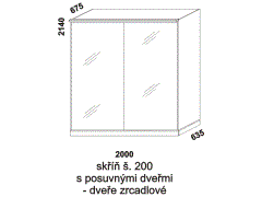 Skříň Line s posuvnými dveřmi - rozměrový nákres. Šíře 200 cm. Vhodná do ložnice. Zrcadlové dveře. Provedení: LTD. Více barevných dezénů. Česká výroba.