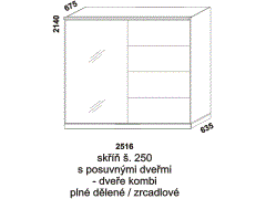 Skříň Line s posuvnými dveřmi - rozměrový nákres. Šíře 250 cm. Vhodná do ložnice. Plné dělené a zrcadlové dveře. Provedení: LTD. Více barevných dezénů.