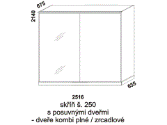 Skříň Line s posuvnými dveřmi - rozměrový nákres. Šíře 250 cm. Vhodná do ložnice. Plné a zrcadlové dveře. Provedení: LTD. Více barevných dezénů.