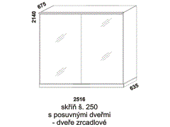 Skříň Line s posuvnými dveřmi - rozměrový nákres. Šíře 250 cm. Vhodná do ložnice. Zrcadlové dveře. Provedení: LTD. Více barevných dezénů. Česká výroba.