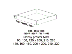 Úložný prostor Max Line, provedení lamino - rozměrový nákres. Do lůžka doporučujeme použít rošt s odklápěním. Český výrobek.