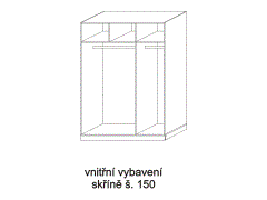 Vnitřní vybavení skříně, šířka 150 - rozměrový nákres. Široký díl: zásuvkový modul T a šatní tyč. Úzký díl: police a šatní tyč.