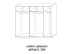 Vnitřní vybavení skříně, šířka 250 - rozměrový nákres. Široký díl: zásuvkový modul T a šatní tyč. Úzký díl: police a šatní tyč.