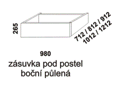 Zásuvka pod postel Line boční půlená - rozměrový nákres. Provedení: LTD. Široká nabídka barevných dezénů. Kvalitní zpracování.