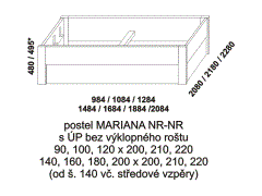 Postel Mariana z masivu - rozměrový nákres. Nízká čela. Součástí postele je praktický úložný prostor. Provedení: masivní buk, dub. Česká výroba.