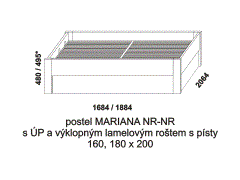 Postel Mariana, provedení lamino - rozměrový nákres. Nízká čela. Součástí postele je praktický úložný prostor a výklopný lamelový rošt s písty.