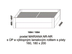 Postel Mariana z masivu - rozměrový nákres. Nízká čela. Součástí postele je praktický úložný prostor a výklopný lamelový rošt s písty.