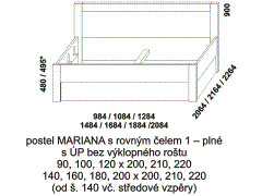 Postel Mariana, provedení lamino - rozměrový nákres. Čelo plné. Součástí postele je praktický úložný prostor. Česká výroba. Velký výběr barevných dezénů.