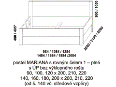 Postel Mariana z masivu - rozměrový nákres. Čelo plné. Součástí postele je praktický úložný prostor. Provedení: masivní buk, dub. Česká výroba.