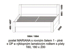 Postel Mariana z masivu - rozměrový nákres. Čelo plné. Součástí postele je praktický úložný prostor a výklopný lamelový rošt s písty.