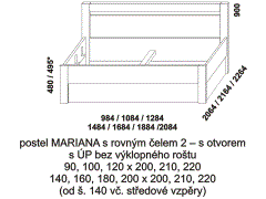Postel Mariana, provedení lamino - rozměrový nákres. Čelo s otvorem. Součástí postele je praktický úložný prostor. Česká výroba. Velký výběr barevných dezénů.