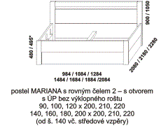 Postel Mariana z masivu - rozměrový nákres. Čelo s otvorem. Součástí postele je praktický úložný prostor. Provedení: masivní buk, dub. Česká výroba.