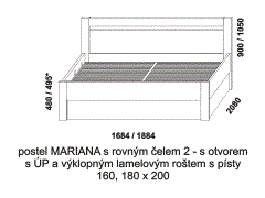 Postel Mariana z masivu - rozměrový nákres. Čelo s otvorem. Součástí postele je praktický úložný prostor a výklopný lamelový rošt s písty.