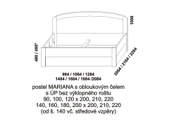 Postel Mariana, provedení lamino - rozměrový nákres. Čelo obloukové. Součástí postele je praktický úložný prostor. Česká výroba. Velký výběr barevných dezénů.
