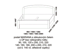 Postel Mariana z masivu - rozměrový nákres. Čelo obloukové. Součástí postele je praktický úložný prostor. Provedení: masivní buk, dub. Česká výroba.