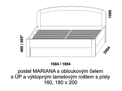 Postel Mariana, provedení lamino - rozměrový nákres. Čelo obloukové. Součástí postele je praktický úložný prostor a výklopný lamelový rošt s písty.