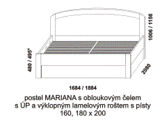 Postel Mariana z masivu - rozměrový nákres. Čelo obloukové. Součástí postele je praktický úložný prostor a výklopný lamelový rošt s písty.