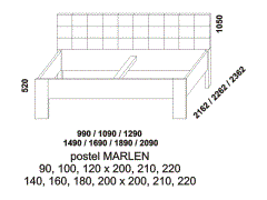 Postel Marlen, čalouněné čelo - rozměrový nákres. Provedení: LTD. Více barevných odstínů. Široká nabídka čalounění zadního čela postele.