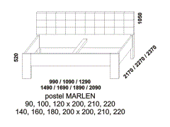 Postel Marlen z masivu, čalouněné čelo - rozměrový nákres. Provedení: masivní buk, dub. Více barevných odstínů. Široká nabídka čalounění zadního čela postele.