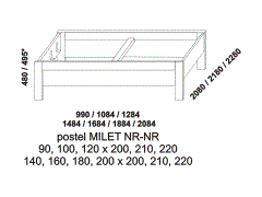 Postel Milet z masivního dřeva - rozměrový nákres. Provedení: masivní buk, dub. Nízká čela. Rovné nebo zaoblené rohy čel postele. Vysoká kvalita.