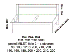 Postel Milet z masivního dřeva - rozměrový nákres. Provedení: masivní buk, dub. Čelo s otvorem. Rovné nebo zaoblené rohy čel postele. Vysoká kvalita.
