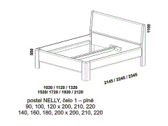 Postel Nelly - rozměrový nákres. Čelo plné. Provedení: masivní dub, buk. Více barevných odstínů. Zaoblené hrany po celé konstru.