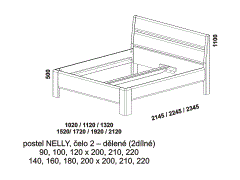 Postel Nelly - rozměrový nákres. Čelo 2dílné. Provedení: masivní dub, buk. Více barevných odstínů. Zaoblené hrany po celé konstrukci postele.