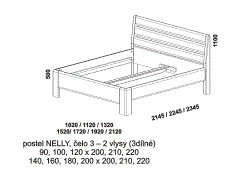Postel Nelly - rozměrový nákres. Čelo 3dílné. Provedení: masivní dub, buk. Více barevných odstínů. Zaoblené hrany po celé konstrukci postele.