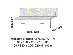 Rozkládací postel Opereta N-N z masivu - složená. Rozměrový nákres. Do postelí lze použít systém matrací sedák a opěrák nebo 3-dílnou matraci.