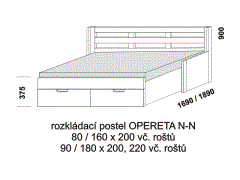 Rozkládací postel Opereta N-N z masivu - rozložená. Rozměrový nákres. Do postelí lze použít systém matrací sedák a opěrák nebo 3-dílnou matraci.