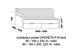 Rozkládací postel Opereta P-N levá z masivu - složená. Rozměrový nákres. Do postelí lze použít systém matrací sedák a opěrák nebo 3-dílnou matraci.