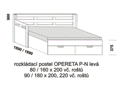 Rozkládací postel Opereta P-N levá z masivu - rozložená. Rozměrový nákres. Do postelí lze použít systém matrací sedák a opěrák nebo 3-dílnou matraci.
