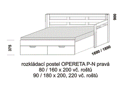 Rozkládací postel Opereta P-N pravá z masivu - rozložená. Rozměrový nákres. Do postelí lze použít systém matrací sedák a opěrák nebo 3-dílnou matraci.