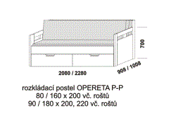 Rozkládací postel Opereta P-P z masivu - složená. Rozměrový nákres. Do postelí lze použít systém matrací sedák a opěrák nebo 3-dílnou matraci.