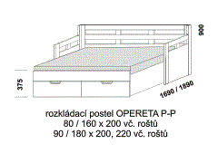 Rozkládací postel Opereta P-P z masivu - rozložená. Rozměrový nákres. Do postelí lze použít systém matrací sedák a opěrák nebo 3-dílnou matraci.
