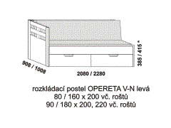 Rozkládací postel Opereta V-N levá z masivu - složená. Rozměrový nákres. Do postelí lze použít systém matrací sedák a opěrák nebo 3-dílnou matraci.
