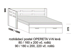 Rozkládací postel Opereta V-N levá z masivu - rozložená. Rozměrový nákres. Do postelí lze použít systém matrací sedák a opěrák nebo 3-dílnou matraci.