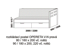Rozkládací postel Opereta V-N pravá z masivu - složená. Rozměrový nákres. Do postelí lze použít systém matrací sedák a opěrák nebo 3-dílnou matraci.
